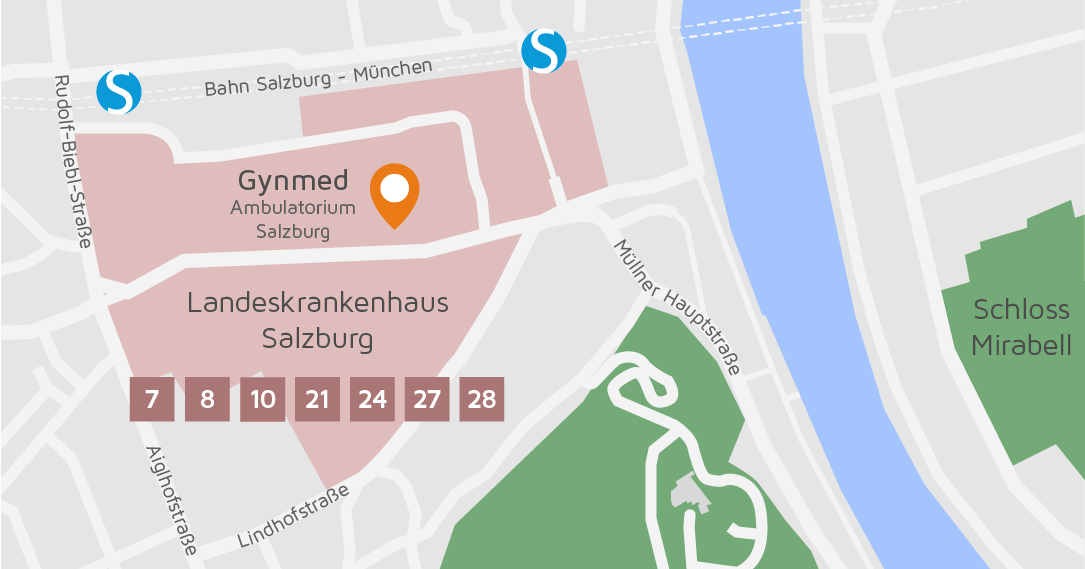 Mapa Gynmed klinika v Salzburgu zemskej nemocnice